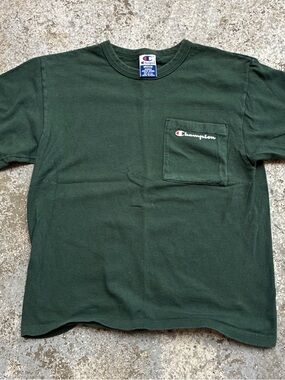 Vintage Champion Olive Green Chest Pocket Tee with Embroidered Logo single sti